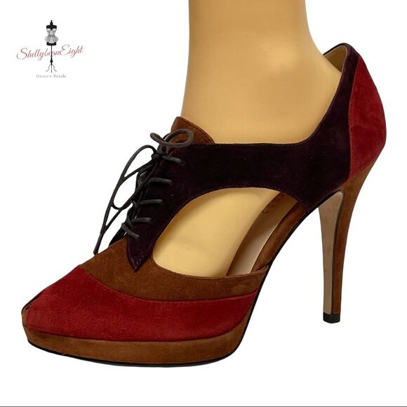 BARNEYS New York Suede Leather Colorblock Lace Up Peep Toe Heels Pumps 8.5 - Picture 3 of 16